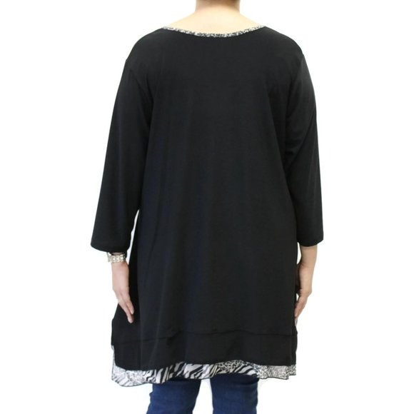 Pretty Woman Solid Tunic With Animal Print Trim Plus Size, Black - Picture 4 of 6